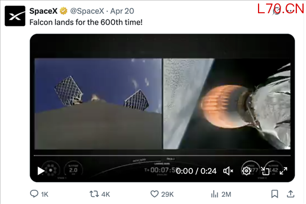SpaceX猎鹰火箭600次回收完成！星链卫星在轨10279颗